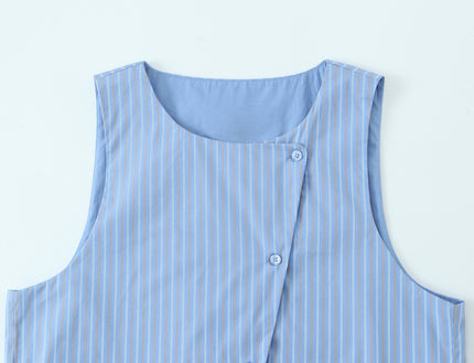 Crew Neck Striped Print Blue Color Buttons up Casual Fashion Vest Waistcoat for Women