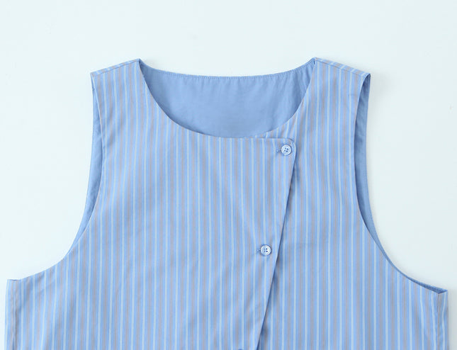 Crew Neck Striped Print Blue Color Buttons up Casual Fashion Vest Waistcoat for Women