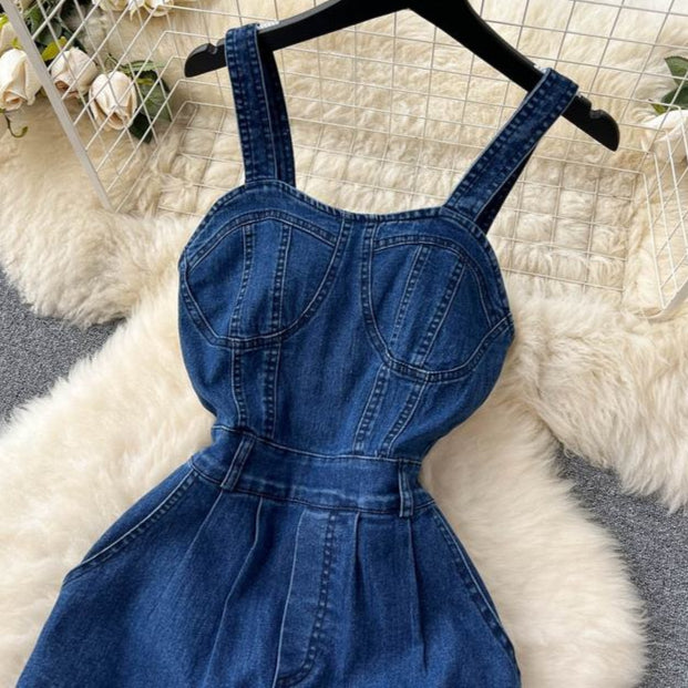 Retro Spice Style Halter Top Denim Jumpsuit Women's Summer Waist Slim-Fit Wide-Leg Pants