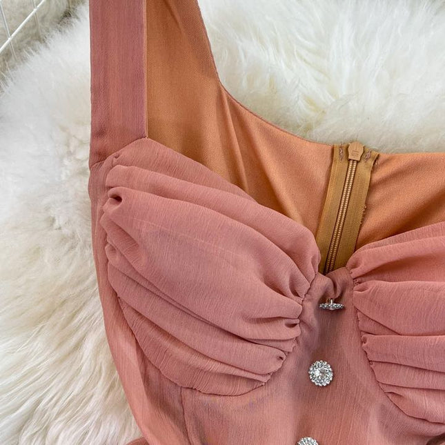 Verão A linha Vestido Curto Sem Mangas Cor Sólida Cintura Alta Deslizamento Sexy Dress