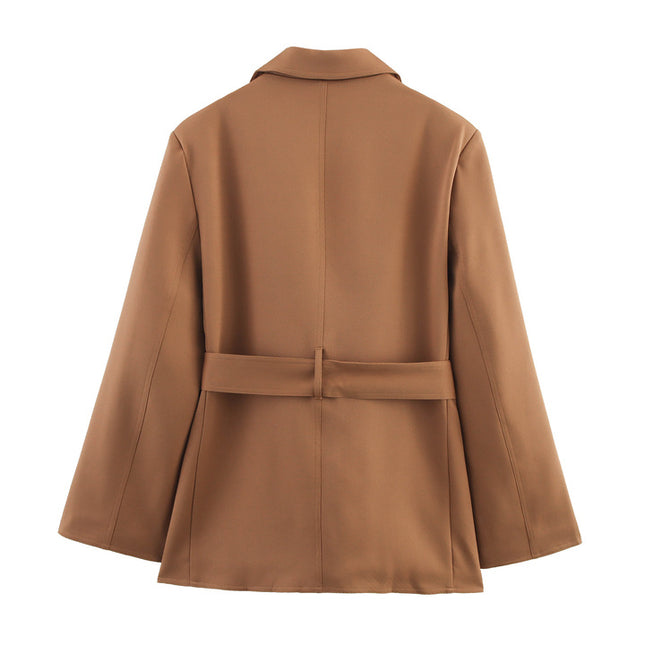 Brown Color Long Sleeve Notched Collar Sashes Casual Fashion blazer Jacket for Women