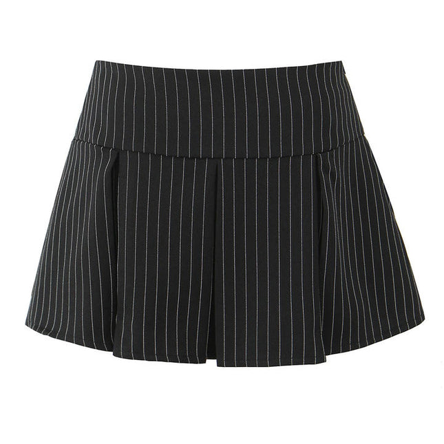 Striped Print Black Color Zipper Fly Casual Fashion Mini Pleated Skirt for Women