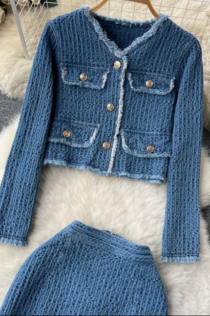 Autumn Fragrant Style Celebrity Denim Set Women's Short Denim Coat and Split Half Skirt Two Piece Set