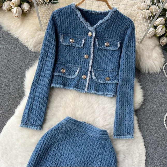Autumn Fragrant Style Celebrity Denim Set Women's Short Denim Coat and Split Half Skirt Two Piece Set
