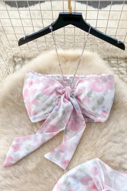 Women Halter Sleeveless Top And Floral Printed Hip Skirts Set Clothing Wholesale
