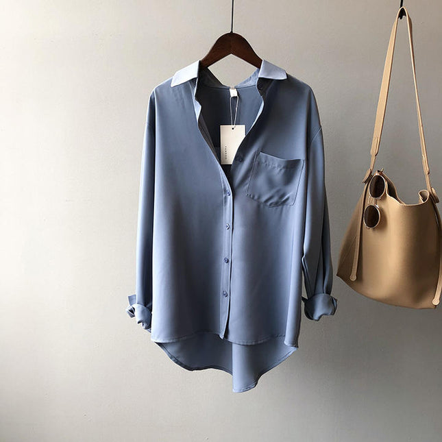 High Quality Spring New Solid Color Simple Long Sleeve Lapel Shirt Female
