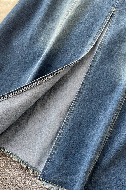 Style Temperament Slimming One Line Shoulder Chest Vintage Denim Large Swing A-Line Long Dress