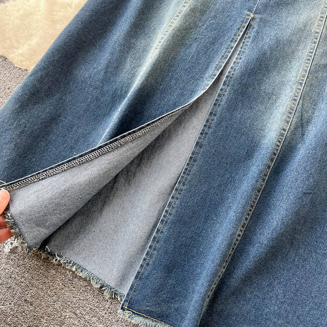 Style Temperament Slimming One Line Shoulder Chest Vintage Denim Large Swing A-Line Long Dress