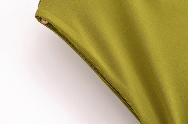Waist Hollow Out Sleeveless Crew Neck Green Color Pleated Casual Fashion Summer Maxi Dress for Women
