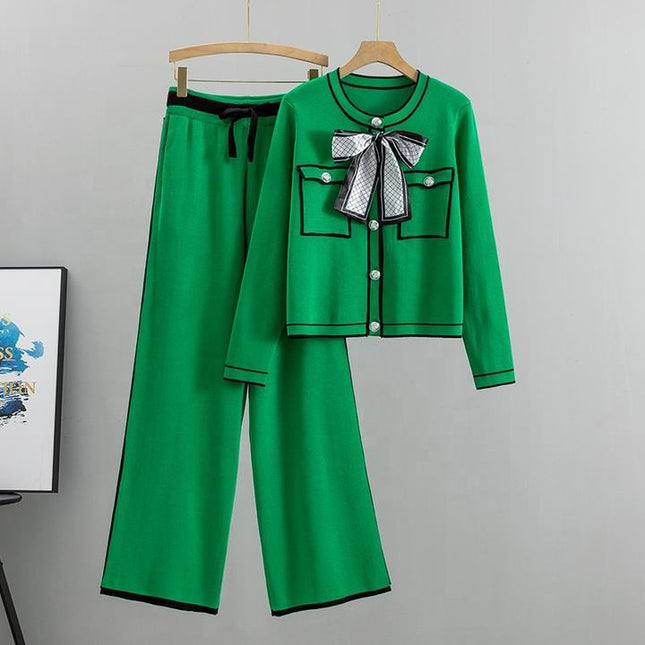 Fashion Professional Suit Women's Autumn Age-reducing Temperament Knitted Western Wide-leg Pants Two-piece Set
