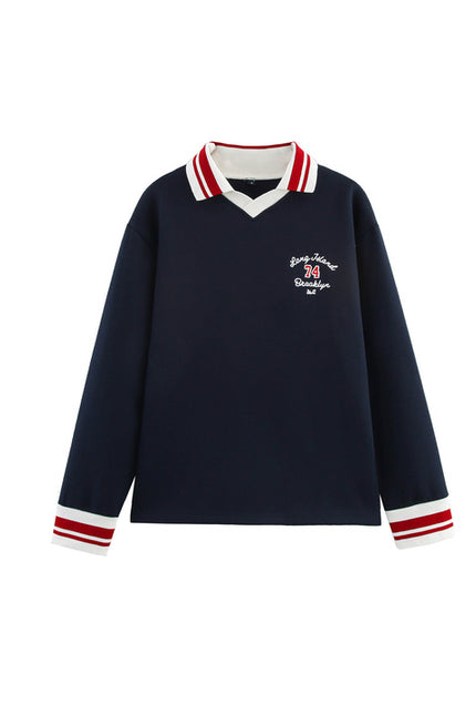 Turn Down Collar Navy Color Long Sleeve Letter Embroidery Casual Fashion Polo Shirt Sweatshirt for Women