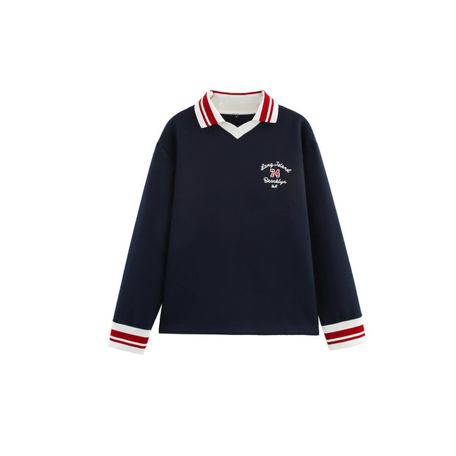 Turn Down Collar Navy Color Long Sleeve Letter Embroidery Casual Fashion Polo Shirt Sweatshirt for Women