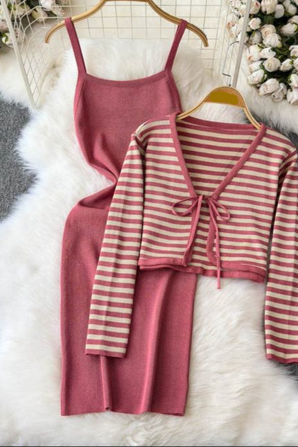 Striped Cardigan Coat Two-piece Dress for Women Vintage Charm Elegant Temperament Slimming Effect Sexy Form-fitting Maxi Dress