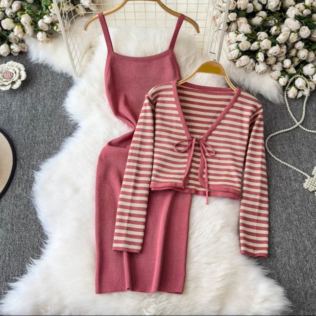 Striped Cardigan Coat Two-piece Dress for Women Vintage Charm Elegant Temperament Slimming Effect Sexy Form-fitting Maxi Dress