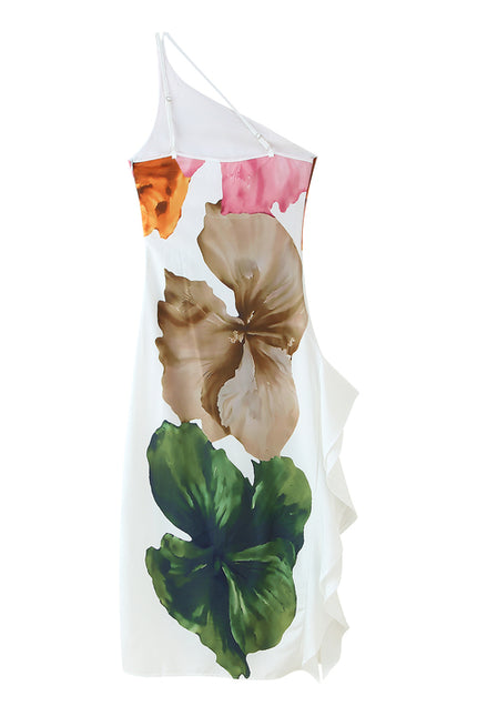 Floral Print White Color Asymmetrical Design Casual Fashion Summer Long Dress for Women