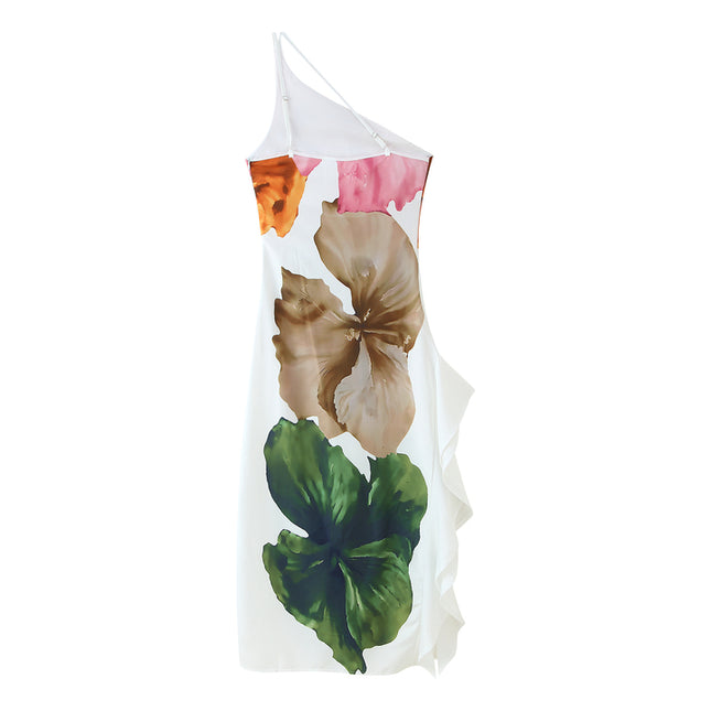 Floral Print White Color Asymmetrical Design Casual Fashion Summer Long Dress for Women