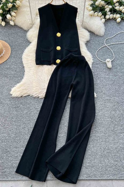 Verão Solid Sleeveless Cardigan Set Casual Metal Button Knit Vest Wide Leg Pants Set Knit Two Piece Set Mulheres