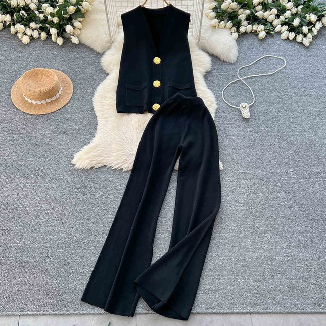 Verão Solid Sleeveless Cardigan Set Casual Metal Button Knit Vest Wide Leg Pants Set Knit Two Piece Set Mulheres