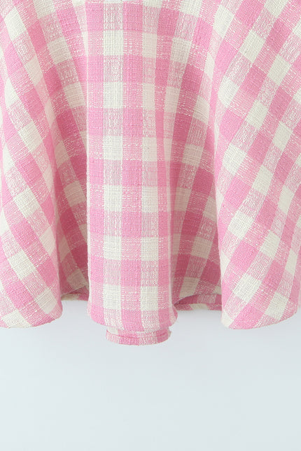 Back Hollow Out pink Color Plaid Print Hot Sale Casual Fashion Summer Mini Halter Dress for Women