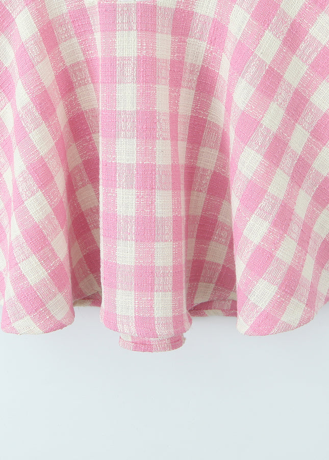 Back Hollow Out pink Color Plaid Print Hot Sale Casual Fashion Summer Mini Halter Dress for Women