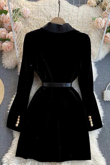 High Quality Fall Winter Black Elegant Women Double Breasted Velvet Long Blazer Dress for Ladies