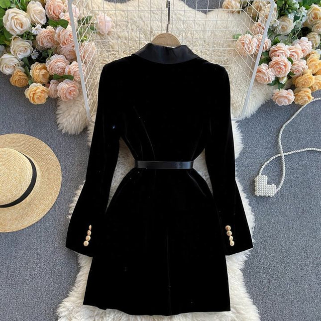 High Quality Fall Winter Black Elegant Women Double Breasted Velvet Long Blazer Dress for Ladies