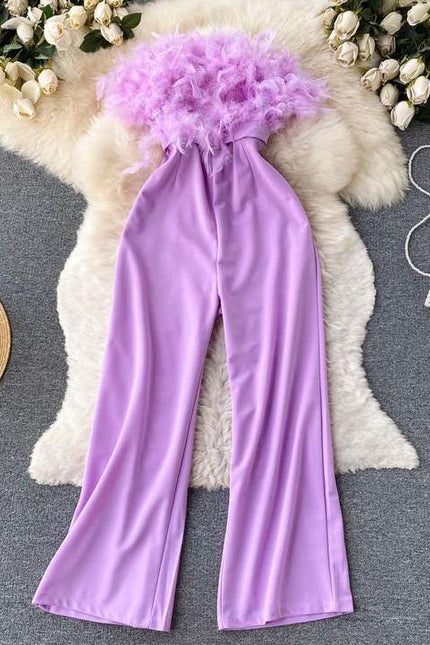 Luxury Feather Tassel Tube Top Jumpsuit Women High Waist Slimming Playsuits Lady Straight Wide Leg Jumpsuit Summer