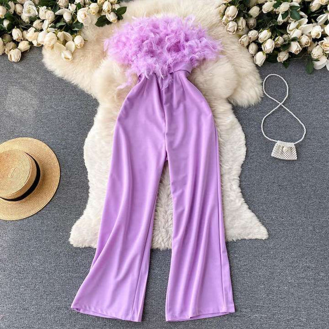 Luxury Feather Tassel Tube Top Jumpsuit Women High Waist Slimming Playsuits Lady Straight Wide Leg Jumpsuit Summer