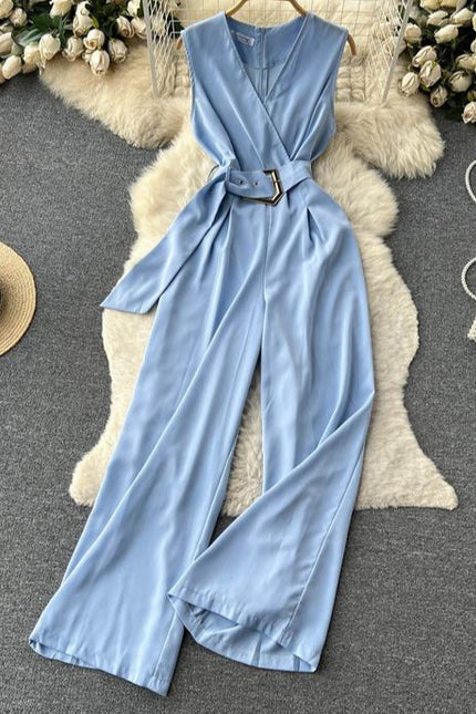 V-neck Solid Casual Long Jumpsuits Autumn Jump Suits Ladies Elegant Overalls One Piece Wholesale