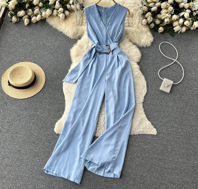 V-neck Solid Casual Long Jumpsuits Autumn Jump Suits Ladies Elegant Overalls One Piece Wholesale