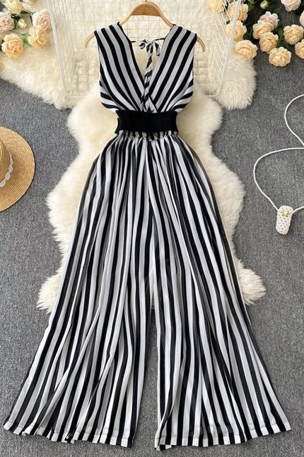 Fashion V-Neck Chiffon Stripes Summer New Sleeveless Wide Leg Long Pants Jumpsuit