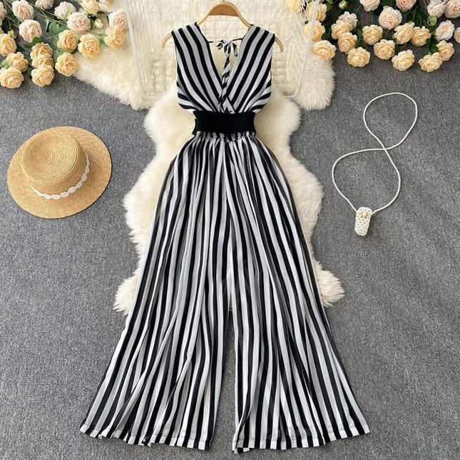 Fashion V-Neck Chiffon Stripes Summer New Sleeveless Wide Leg Long Pants Jumpsuit