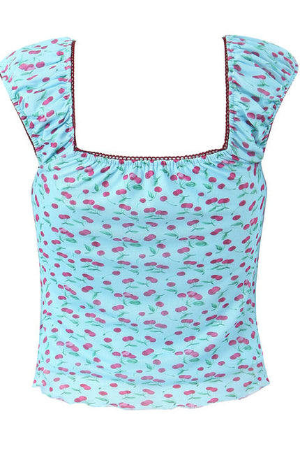 Shoulder Strap Blue Color Fruit Print Front Lace up Casual Fashion Women's tank Tops