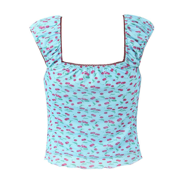 Shoulder Strap Blue Color Fruit Print Front Lace up Casual Fashion Women's tank Tops