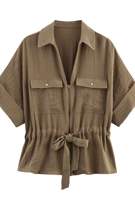 3 Colorway Bow Tie Short Sleeve Solid Color Turn Down Collar Casual Fashion Tops Blouse for Women