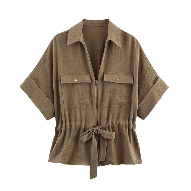 3 Colorway Bow Tie Short Sleeve Solid Color Turn Down Collar Casual Fashion Tops Blouse for Women