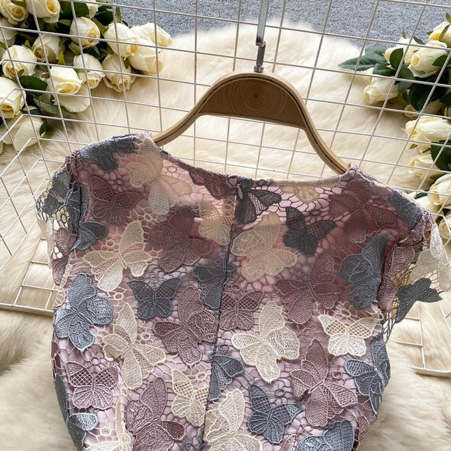 Temperament High-grade butterfly Hollowed-out Hook Flower Lace Dress Female Waist Elegant Package Hip Skirt