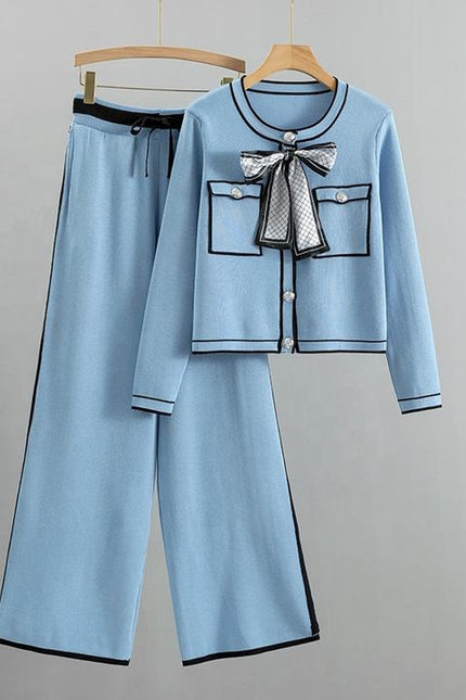 Fashion Professional Suit Women's Autumn Age-reducing Temperament Knitted Western Wide-leg Pants Two-piece Set