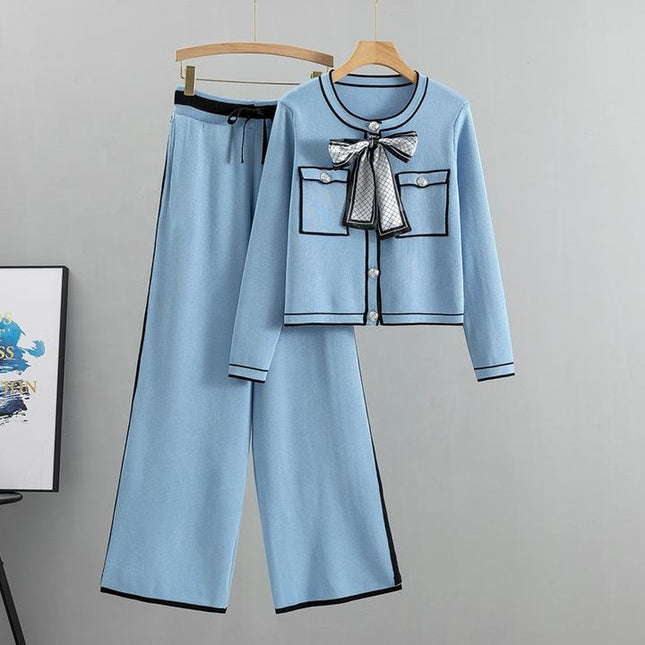 Fashion Professional Suit Women's Autumn Age-reducing Temperament Knitted Western Wide-leg Pants Two-piece Set