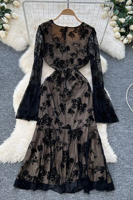 French Vintage Elegant Dresses Women Premium Pleated Slim Split Lace Ruffle Long Dresses