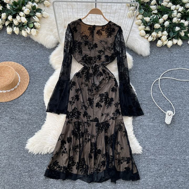 French Vintage Elegant Dresses Women Premium Pleated Slim Split Lace Ruffle Long Dresses