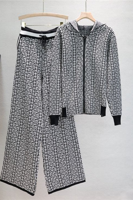 Women'S Fall Winter Knitted Sweater Clothing Hoodie Coat Wide-Legged Pants Two-Piece Set