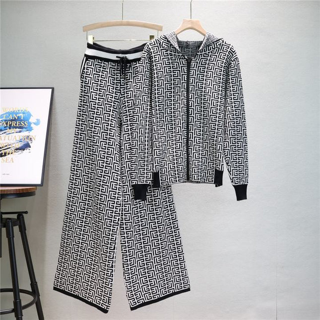 Women'S Fall Winter Knitted Sweater Clothing Hoodie Coat Wide-Legged Pants Two-Piece Set