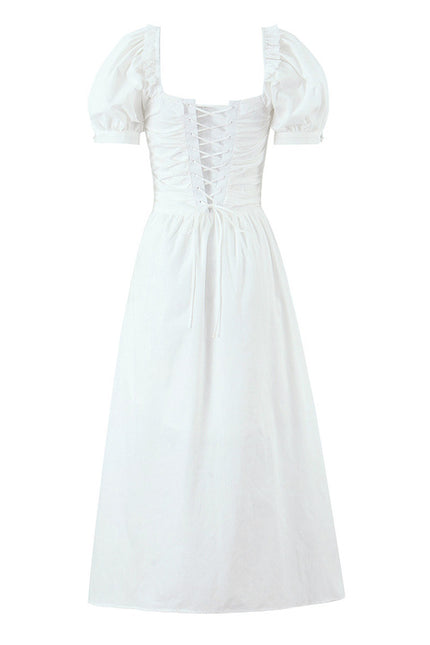 Square Collar Short Sleeve White Color Hot Sale Casual Fashion Summer Cotton Long Dress for Women