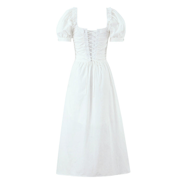Square Collar Short Sleeve White Color Hot Sale Casual Fashion Summer Cotton Long Dress for Women