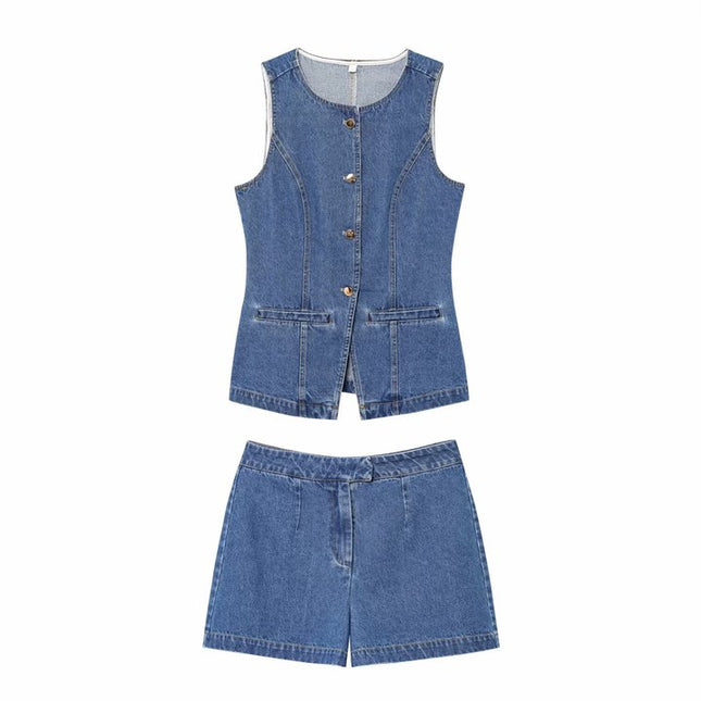 Crew Neck Buttons up Denim Blue Color Hot Sale Casual Fashion Jeans Vest Waistcoat for Women