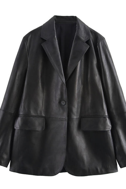 Single Button Black Color Notched Collar Long Sleeve Casual Fashion PU Leather blazer Jacket for Women