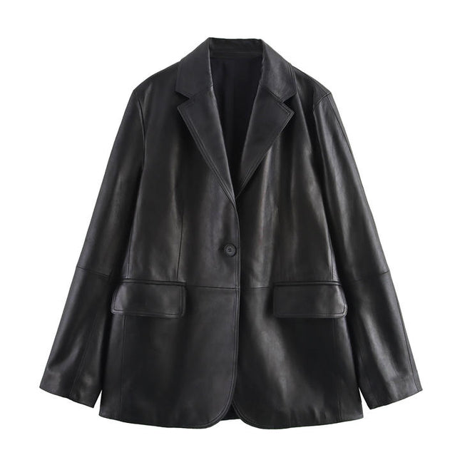 Single Button Black Color Notched Collar Long Sleeve Casual Fashion PU Leather blazer Jacket for Women