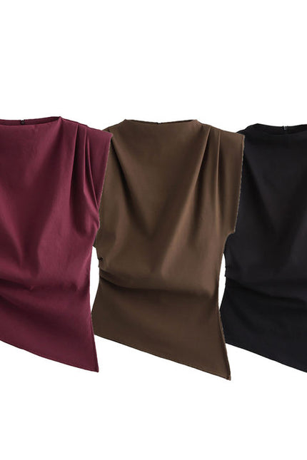 3 Colorway ekip boyun kolsuz asimetrik tasarım rahat kadınlar için moda üst giyim gömlek bluz