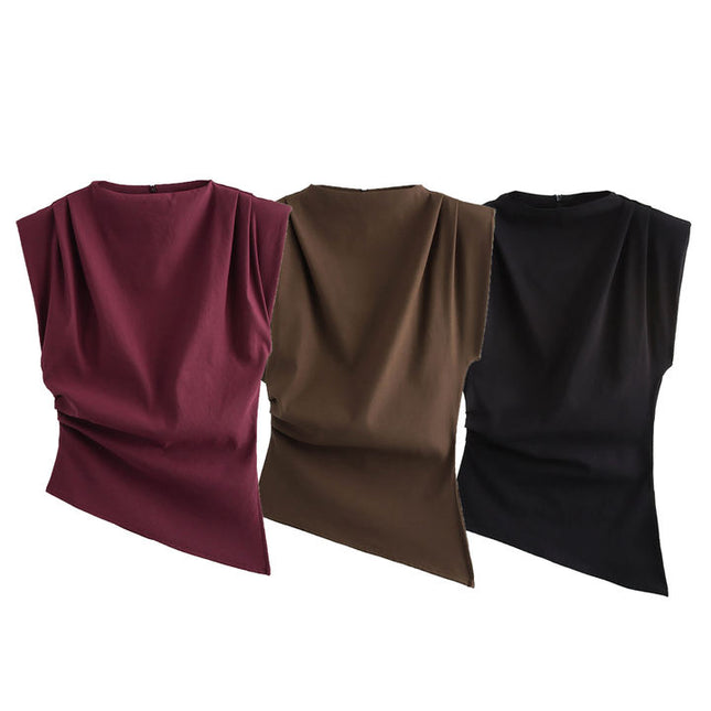3 Colorway ekip boyun kolsuz asimetrik tasarım rahat kadınlar için moda üst giyim gömlek bluz